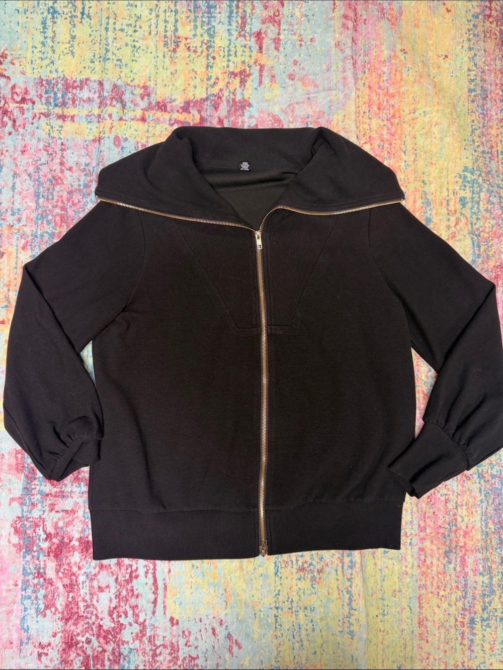 Women's Black Zip-Front Bomber Jacket with Wide Collar
